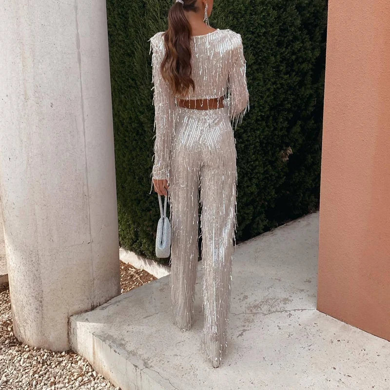 Sparkle in Style: Women's Glitter Two Piece Set - Long Sleeve Blouse & High Waist Pants