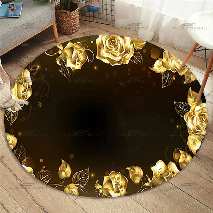 Fashion Round Rose Rug Home Anti-Slip Gold Rose Pattern Floor Mat Children's Bedroom Carpet Living Room Carpet