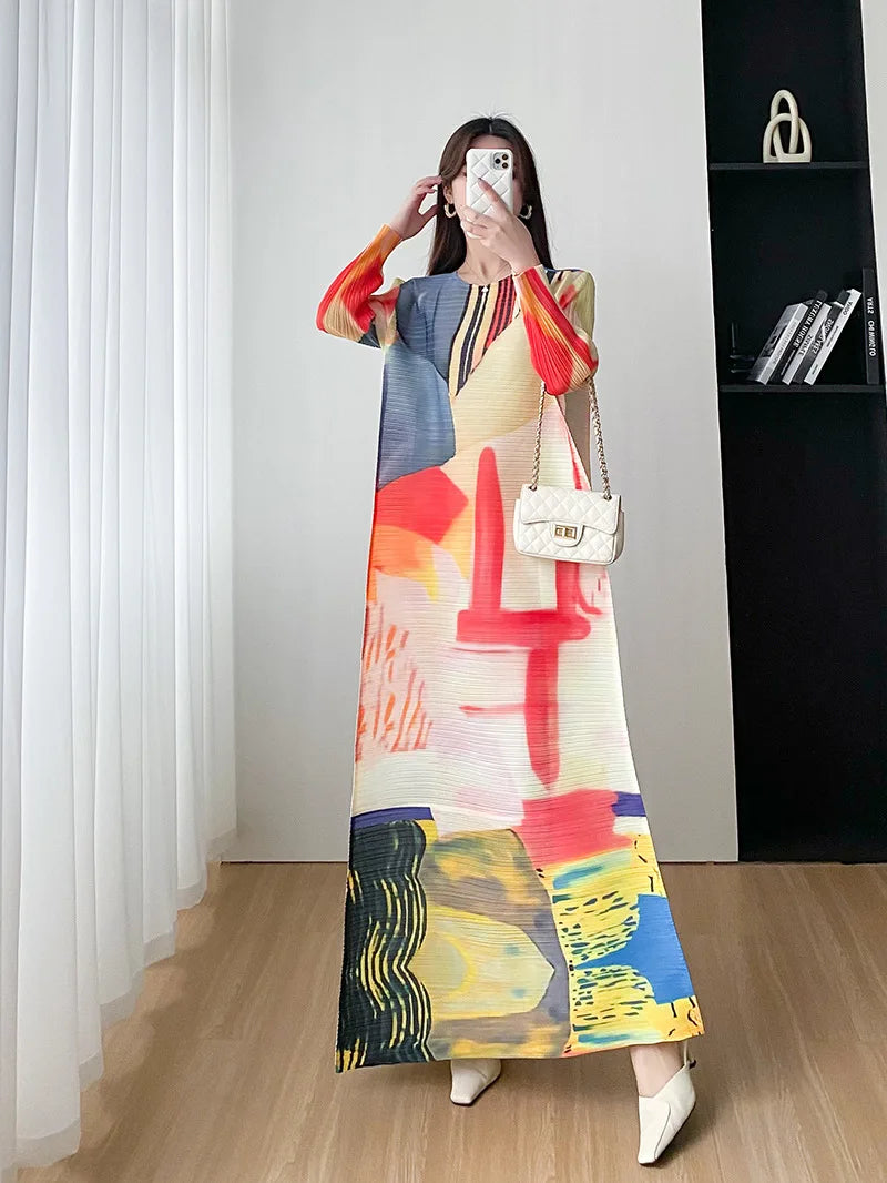 Luxury Miyake Pleated Summer Dress - Fashion Print, Plus Size, Casual A-Line, Round Neck, Evening Dress (Size: One Size)