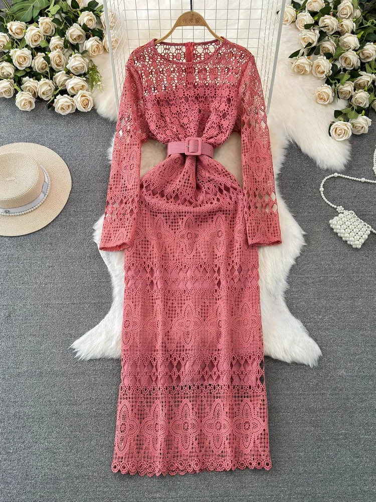 Women's Elegant Lace Maxi Dress - High Waist, Round Neck, Bodycon - Spring/Autumn 2024