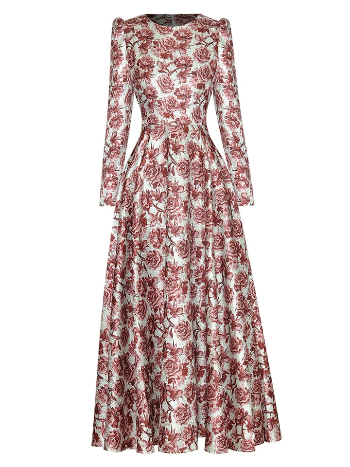 Elegant A-Line Midi Dress for Women - Vintage Jacquard Flowers - Fast Shipping
