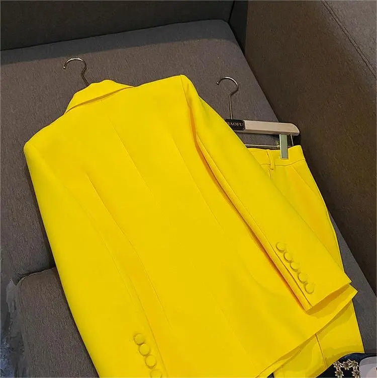 Yellow Office Lady Suit: Double-breasted Blazer & Flared Pants Set