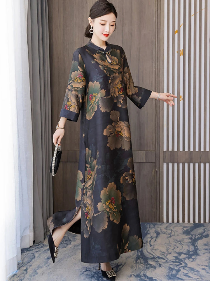 Stylish Autumn Floral Maxi Dress | Silk, Long Sleeve, Loose Waist | Korean Vintage Night Dress | 2024 Collection