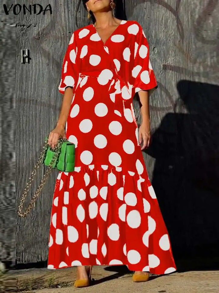 Boho Printed Maxi Dress - Plus Size V-neck Long Sleeve Polka Dot Sundress with Belt