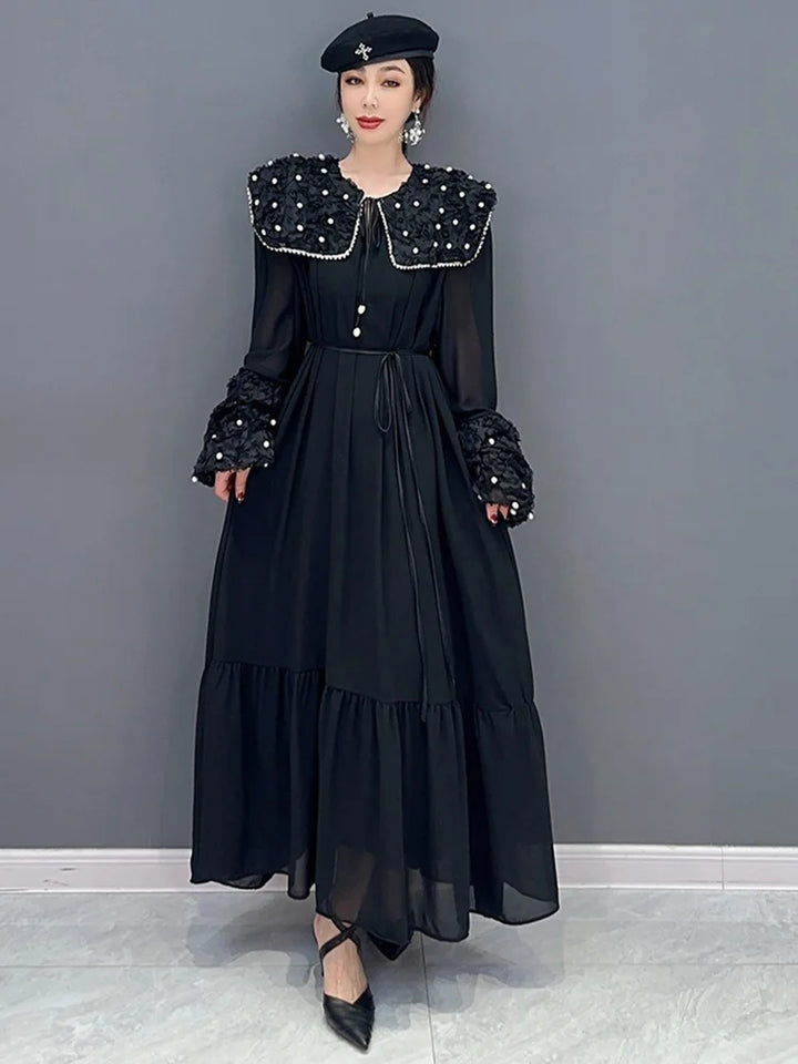 Korean Fashion Doll Dress with Pearl Lace Waist - Autumn 2024 Collection