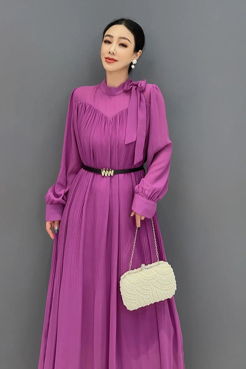 Purple Folds Long Sleeve Dress