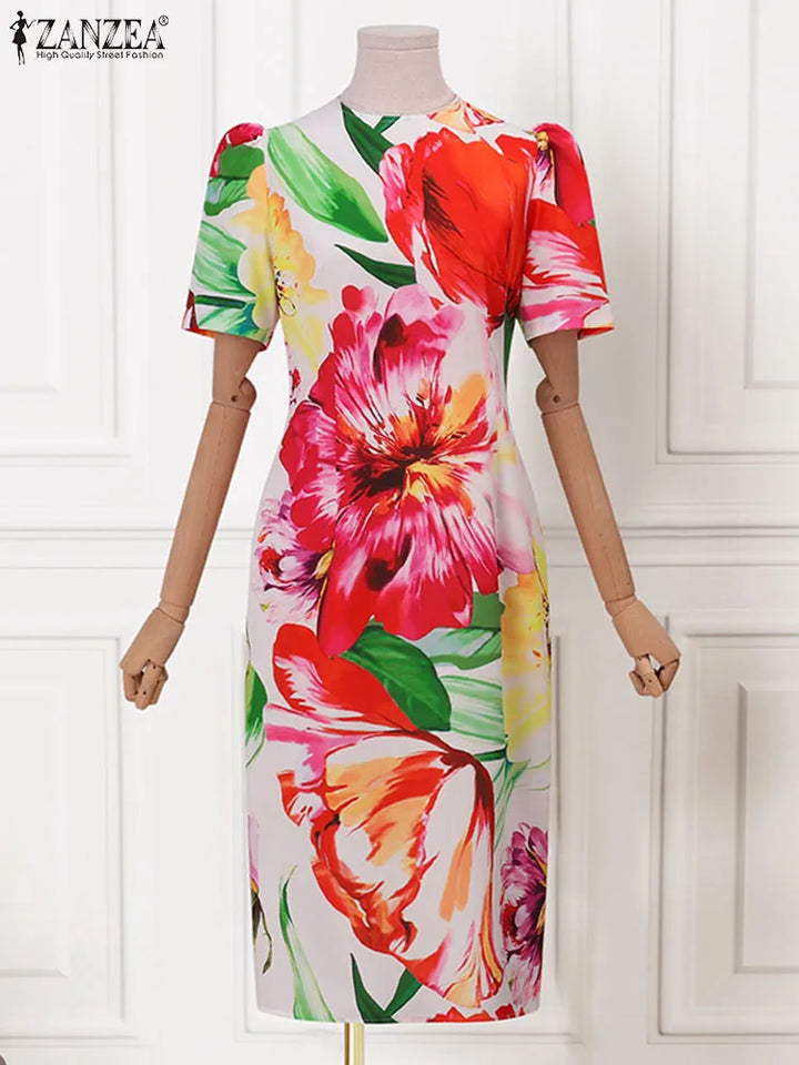 ZANZEA Bohemian Floral Print Dress - Summer Party Midi Robe with Short Puff Sleeves and Back Zipper