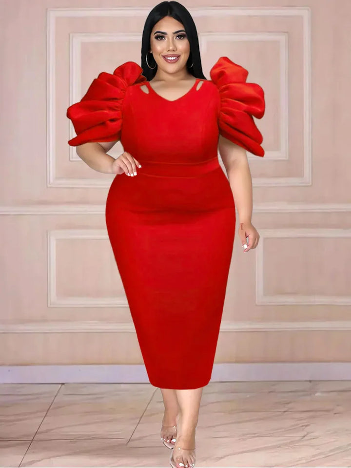 Elegant Plus Size Red Party Dress - African Style, Short Sleeves, High Waist, Midi Length