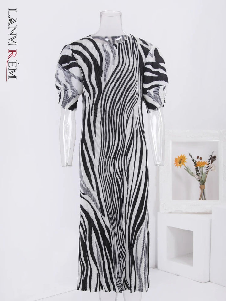 LANMREM Black & White Print Dress | Fashionable Puff Sleeves | Spring 2024 | One Size | 32C474