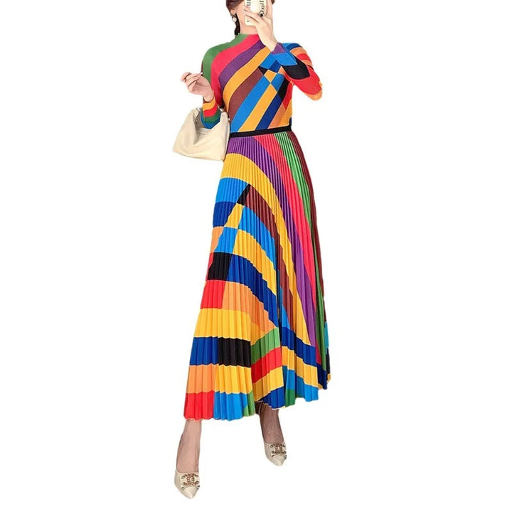 Colorful Patchwork Two-Piece Set: High Collar Top + Ankle-Length Skirt - COZOK