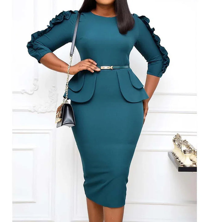 Chic Ruffles Midi Pencil Skirt - Back Zipper, Plus Size, Three Quarter Sleeve