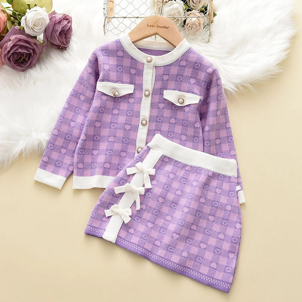 Bear Leader Girls Long Sleeve Kids Sweaters Plaid Kids Wear Knitted Cardigan and Skirt Clothing Suit for Children Baby Girl Sets