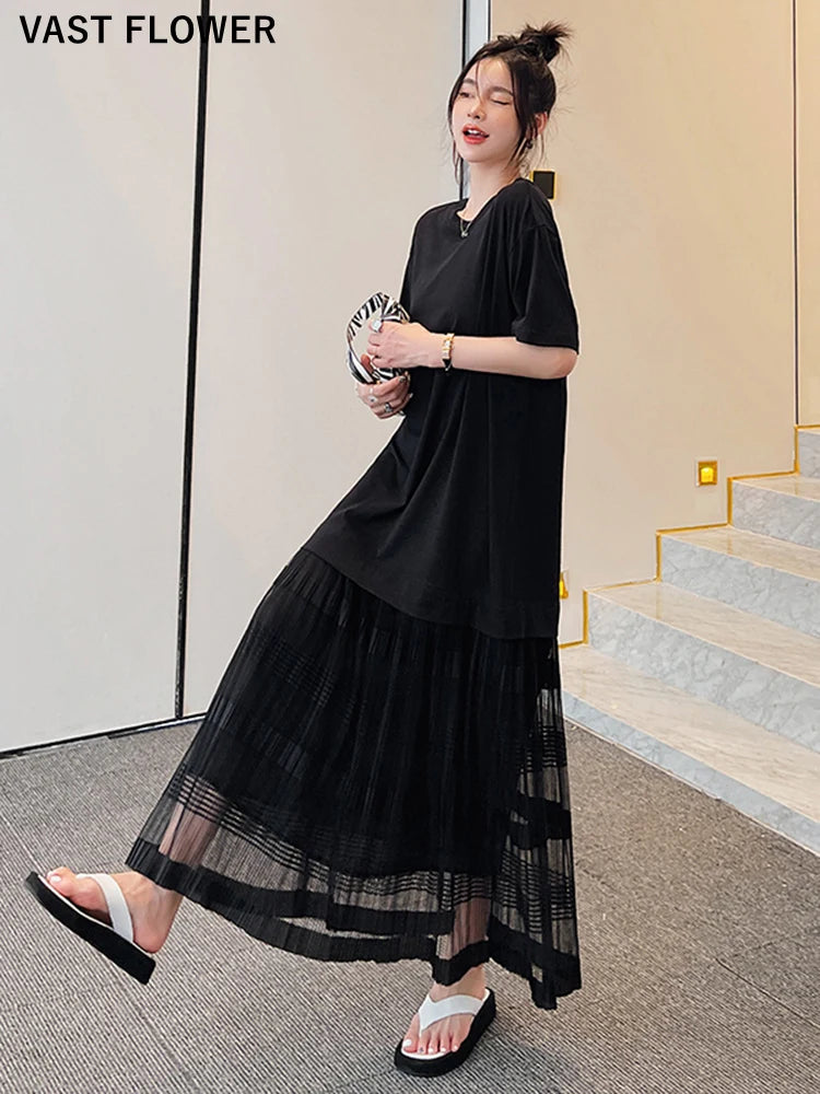 Stunning Korean Summer Dress - Mesh Patchwork, Pleated, Short Sleeve - Elegant 2022 Fashion for Women