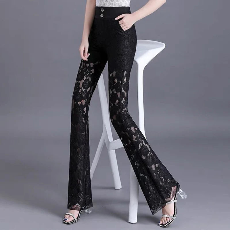 Korean Fashion Lace Patchwork Flare Pants - High Waist, Thin & Elegant for Women - 2023 Collection