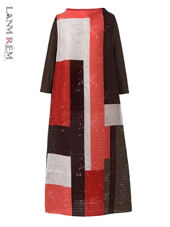 LANMREM Color Block Pleated Long Dress