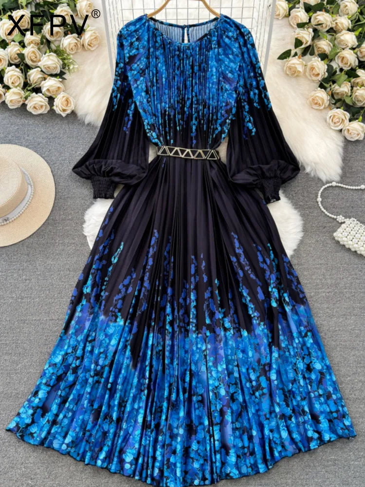 XFPV Women High Waist Pleat A-line Dress