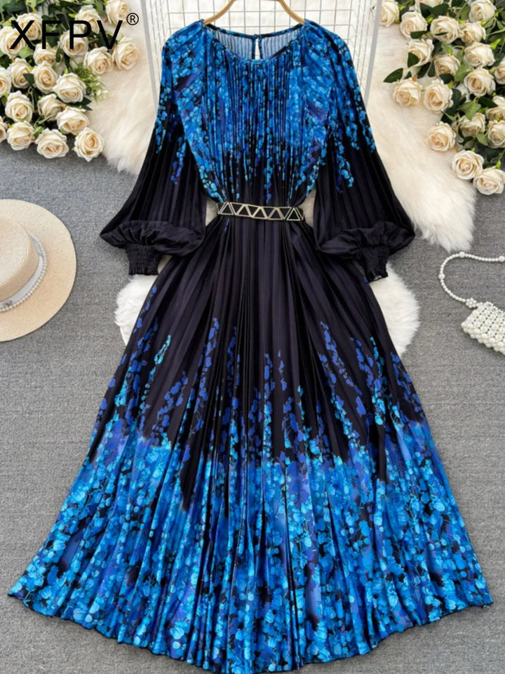 XFPV Women High Waist Pleat A-line Dress