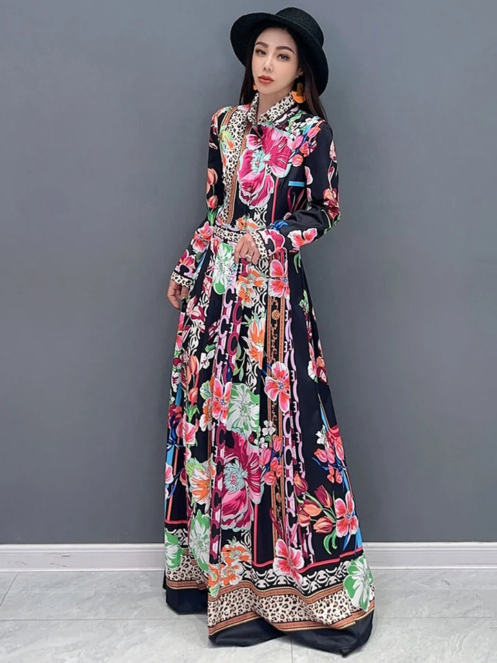 Vintage Printed Dress - Elegant A-line - Floor Length - Spring 2024 - Trendy - Lapel - Women's Fashion