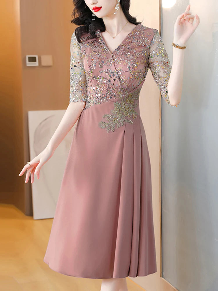 Sequin Evening Wedding Dress - Elegant Midi Bodycon Satin - Summer 2024 Chic