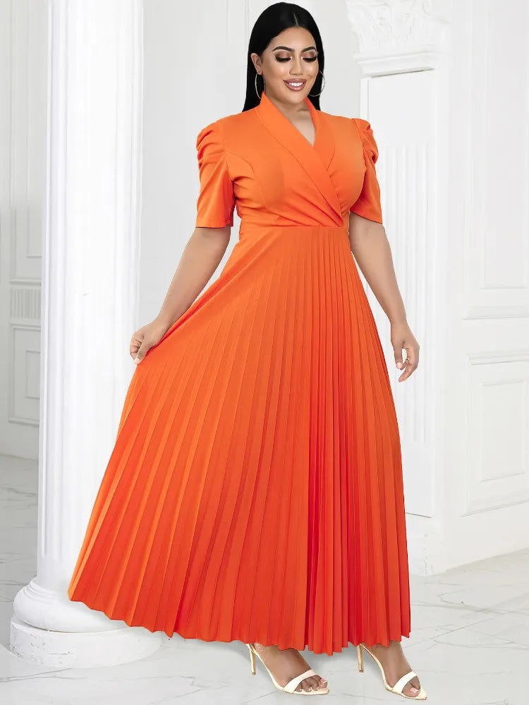 Plus Size V Neck Orange Dress: Long Prom, Office, Cocktail Event Outfit - 142cm Length, 28cm Sleeve