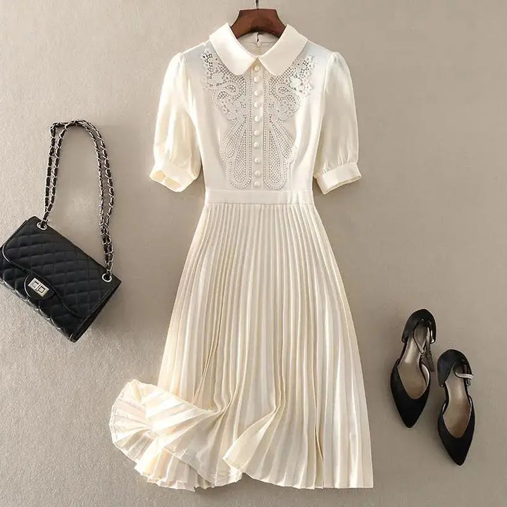 Women's Embroidered A-Line Dress | Elegant Mid-Calf Pleated Design | Office Lady Style