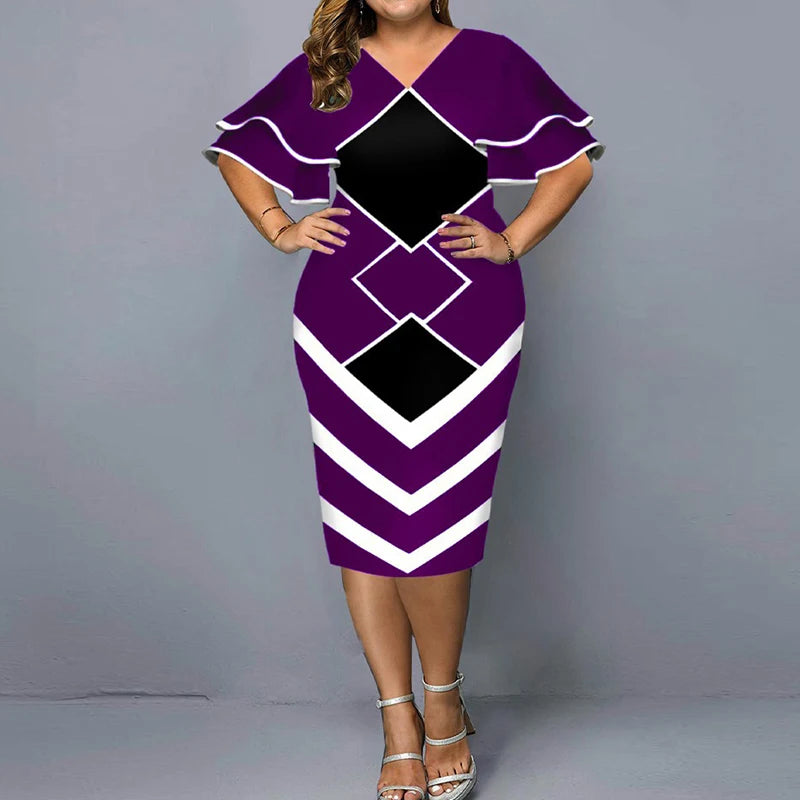 Elegant Plus Size Midi Dress - Summer Fashion for Women - V-Neck, Ruffles, Bodycon - 5XL