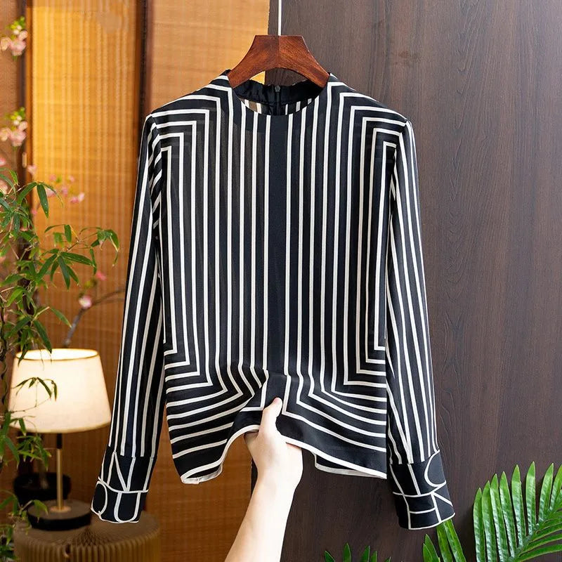 Silk Stripe Geometric Print Blouse