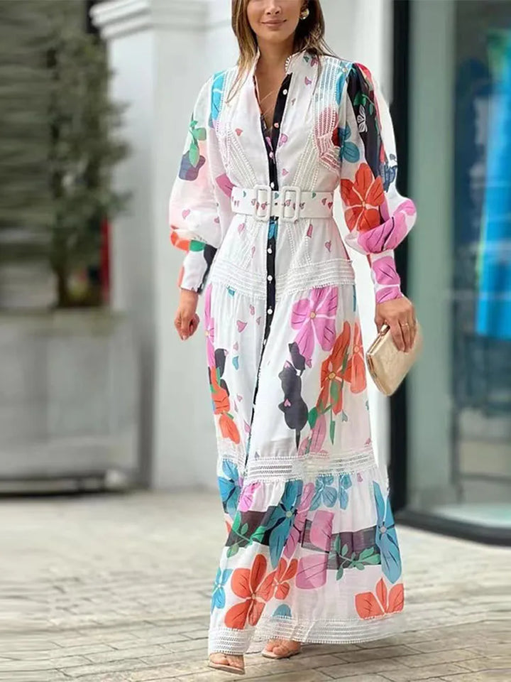 2024 Spring Summer Fashion Dress - Printed Lace V-Neck Loose Lady Robe with Buttoned Waistband