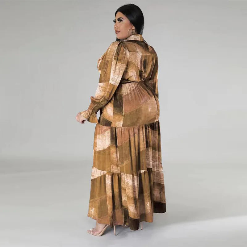Plus Size Patchwork Print Dress For Women Chubby Blouse Belt Cloth Lady Luxury Long Robes 2023 Summer Trendy Party New In Dress