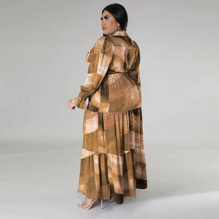 Plus Size Patchwork Print Dress For Women Chubby Blouse Belt Cloth Lady Luxury Long Robes 2023 Summer Trendy Party New In Dress