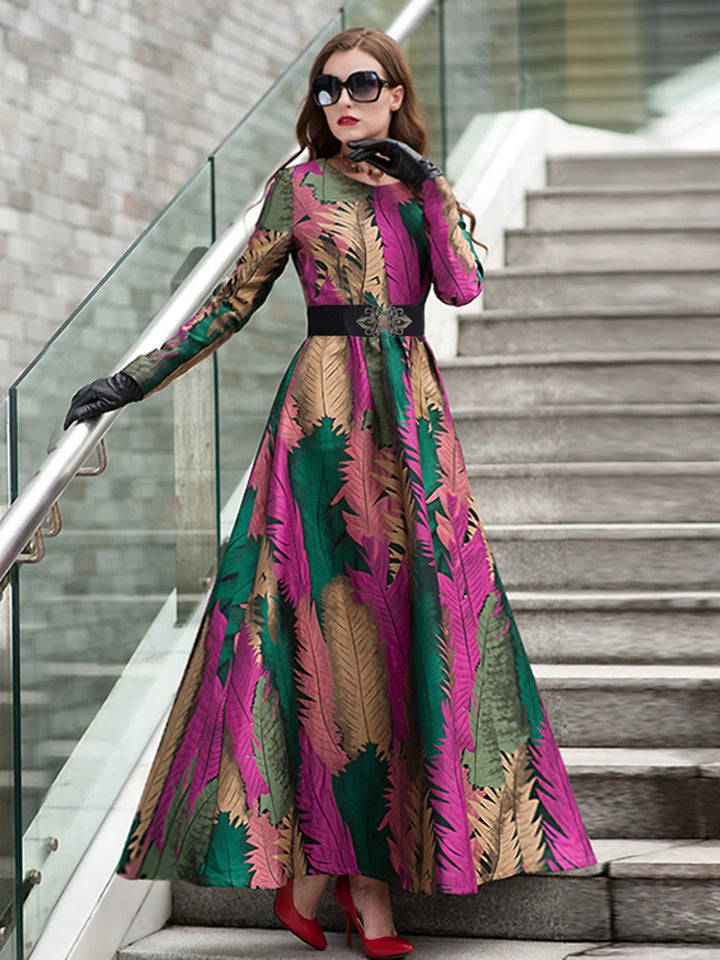 Elegant Floral Jacquard Maxi Dress for Women - Autumn/Winter 2023