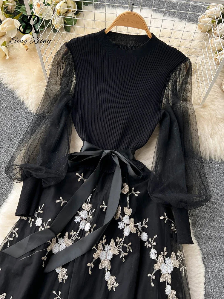 SINGREINY Spring Floral Knitted Long Dress