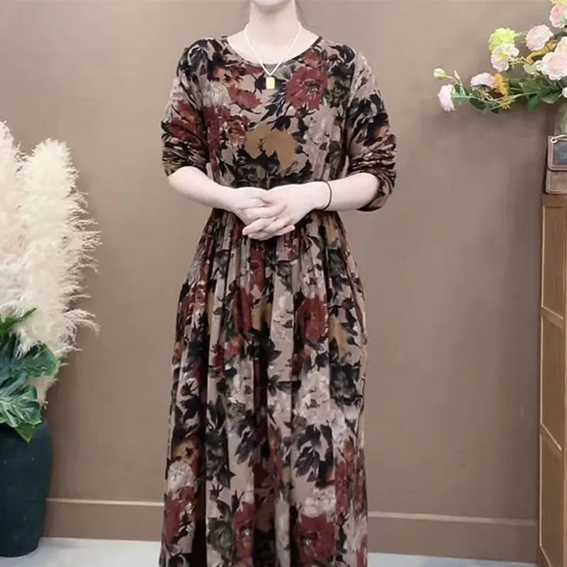 Vintage Floral A-Line Dress - Elegant Long Sleeve Women's Clothing