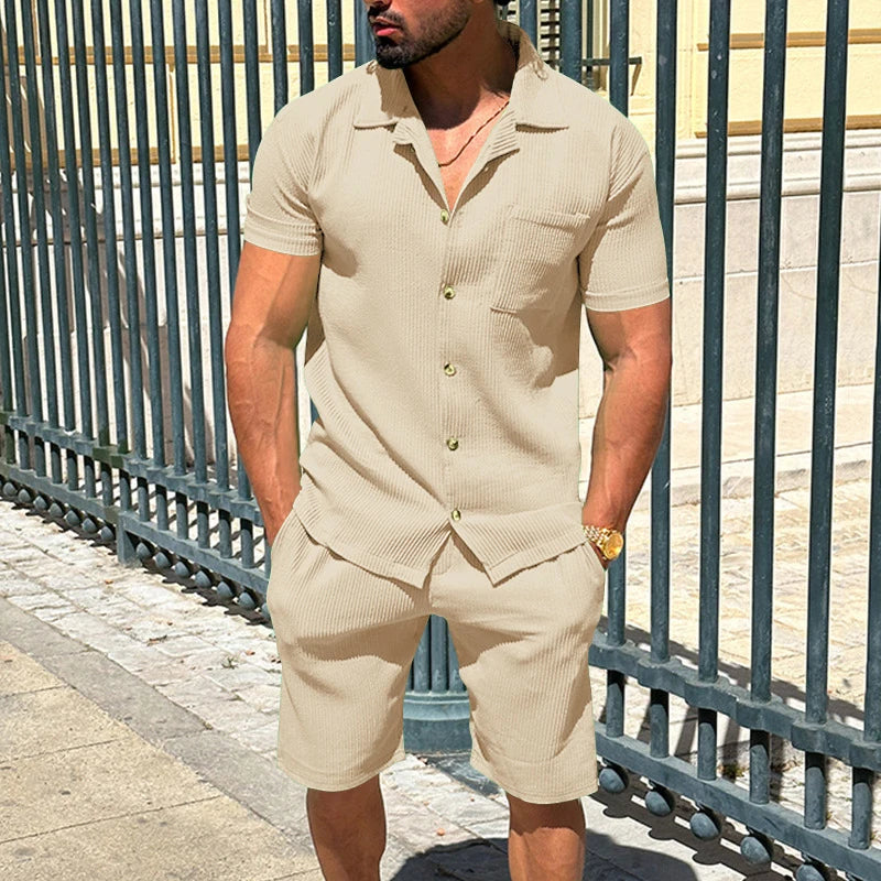 Men's Summer Beach Casual Two Piece Set - Solid Color Loose Short Sleeve Shirts and Shorts