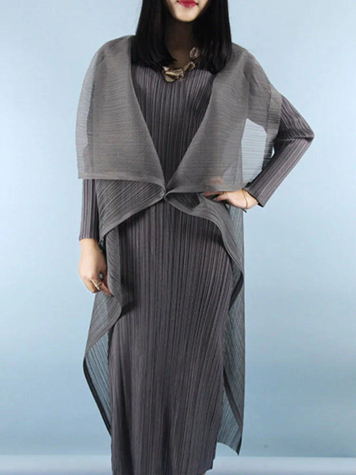 Elegant Patchwork Dress for Women - Pleated, Long Sleeves, Round Neck - Sizes XS to L - LANMREM WH68203