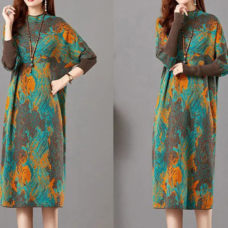 Trendy Folk Tie Dye Midi Dress - Women's Autumn/Winter A-Line - Casual & Cozy!