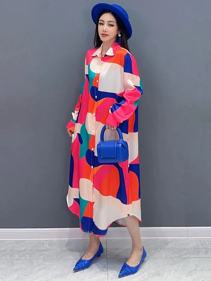 SHENGPALAE 2024 Spring Shirt Dress | Contrast Print | Loose Fit | Mid Calf | Casual Robe | Vestido