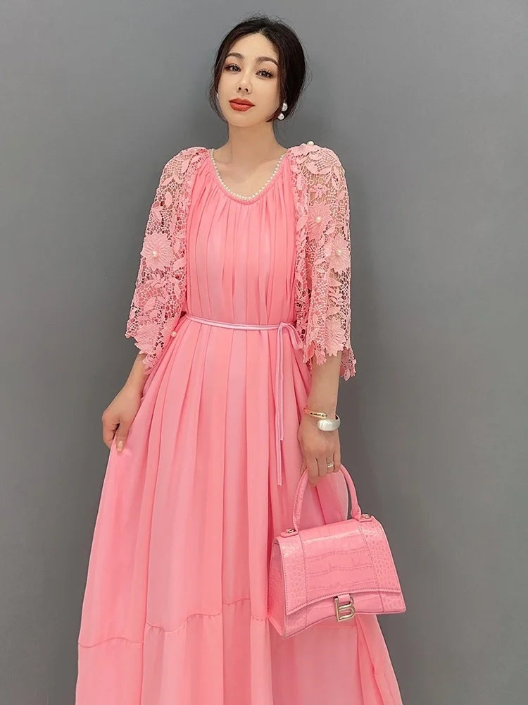 2024 Summer Korean Lace Pleated Dress - Pink, Show Slim, Short Sleeve - QING MO ZXF2631