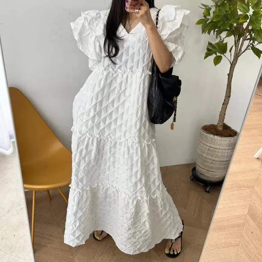 Korean Summer White V Neck Ruffles Midi Dress