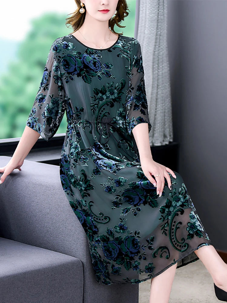 Elegant Floral Silk Midi Dress - High Quality, Korean Vintage Style