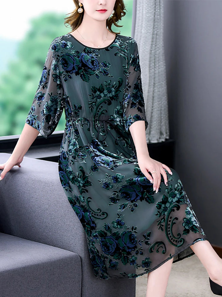 Elegant Floral Silk Midi Dress - High Quality, Korean Vintage Style