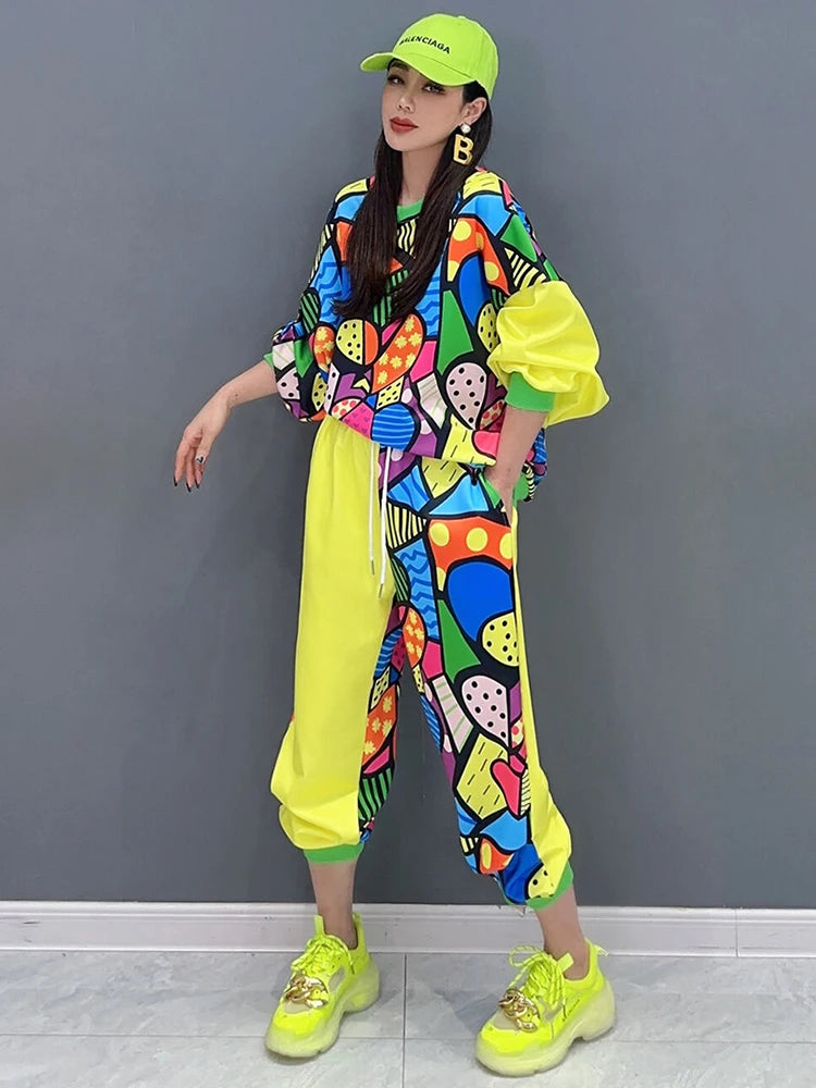 Spring Printed 2-Piece Set: Loose O-Neck Top & Drawstring Pants - SHENGPALAE 2024