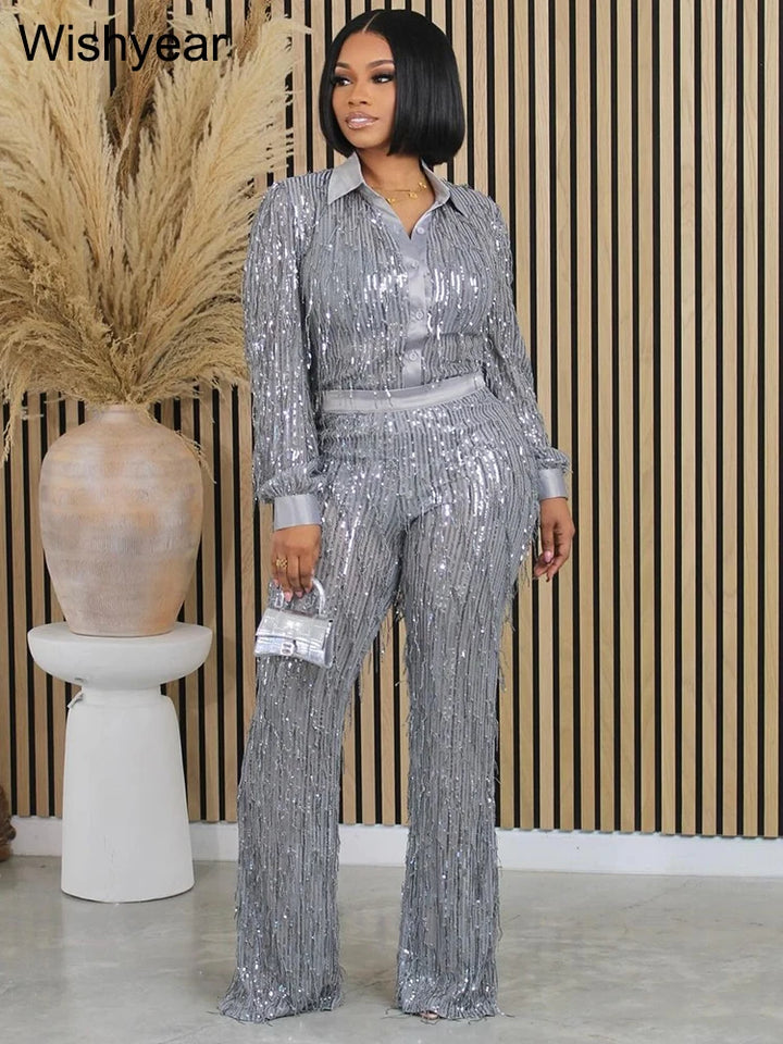 Sparkle in Style: Sexy Two-Piece Sequin Tracksuit with See-Through Top & Pants