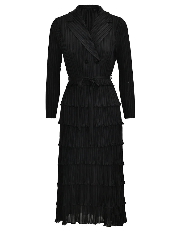 LANMREM Designer Pleated Dress for Women - Laple, Double Breasted, Long Sleeves, 2024 New Collection