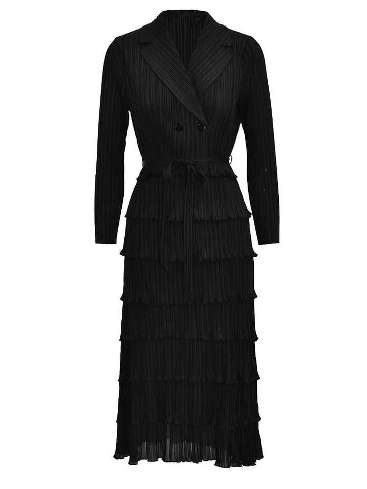 LANMREM Designer Pleated Dress for Women - Laple, Double Breasted, Long Sleeves, 2024 New Collection