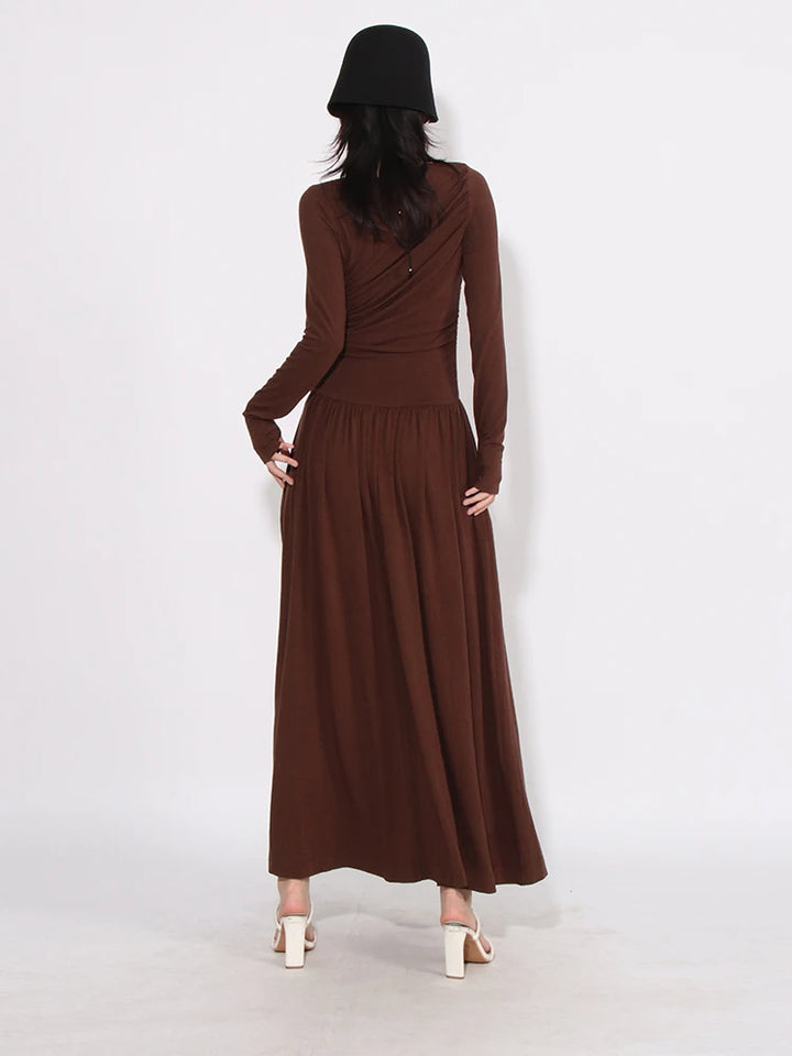 CHICEVER Patchwork Slimming Dress - Round Neck, Long Sleeve, High Waist - Women's Minimalist Style