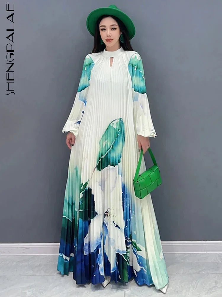 Stylish SHENGPALAE Contrast Color Pleated Dress - A-line, Floor Length, Full Sleeve - 2024 New Collection