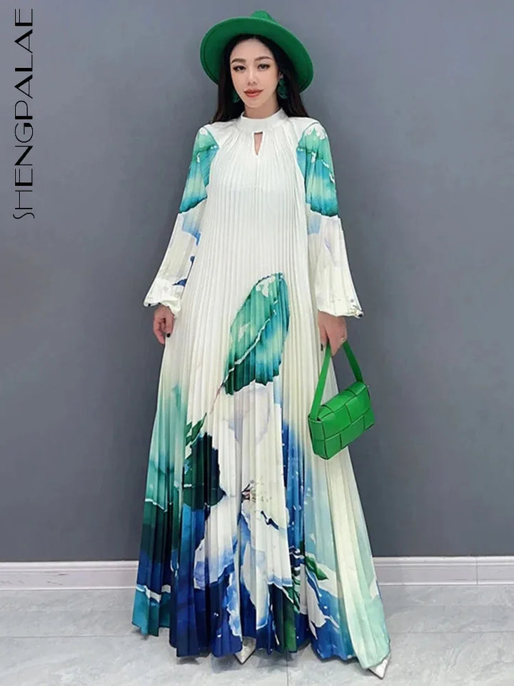 Stylish SHENGPALAE Contrast Color Pleated Dress - A-line, Floor Length, Full Sleeve - 2024 New Collection