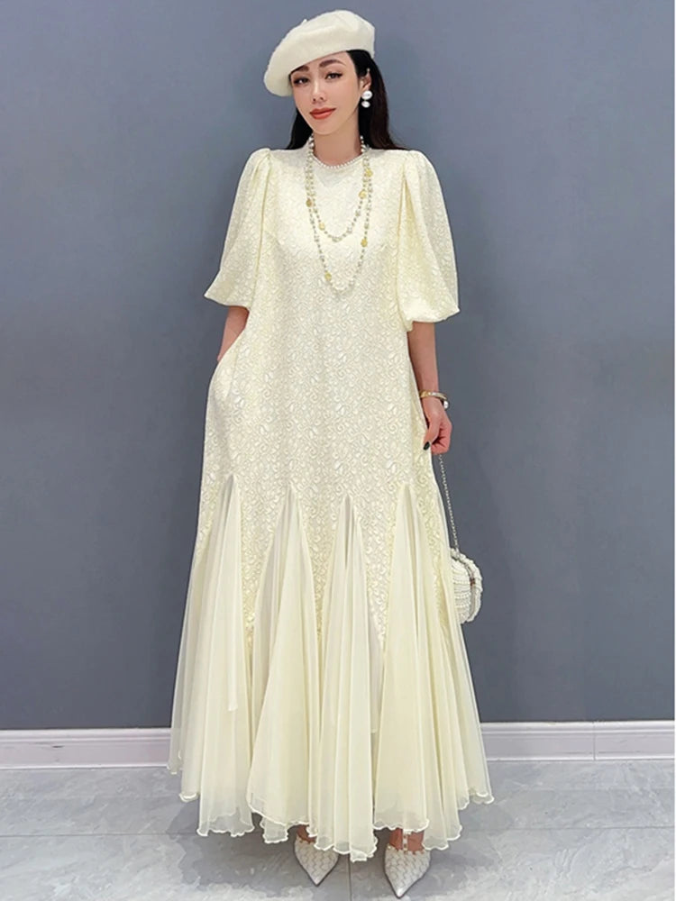 2024 Spring Lace Dress with Beaded Chiffon, Bubble Sleeves and Fishtail - Elegant Women's Wear