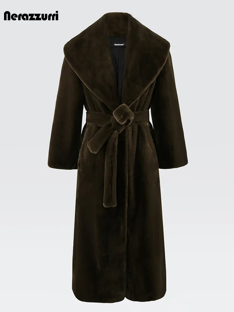 Nerazzurri Autumn Winter Luxury Elegant Chic Long Thick Warm Faux Sheared Mink Fur Coat Women with Sashes Furry Overcoat 2023